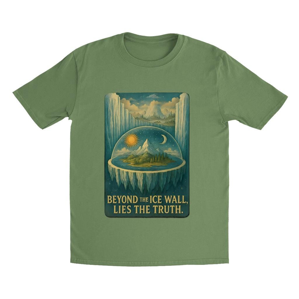 Vintage flat Earth map t-shirt showing ice wall boundary, dome firmament, celestial bodies, and hidden lands conspiracy graphic