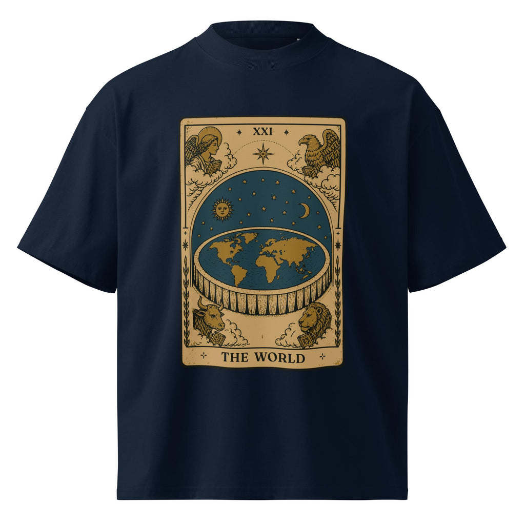 Flat earth tarot World card design on oversized organic cotton t-shirt showing Antarctic ice wall and firmament dome