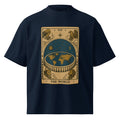 Flat earth tarot World card design on oversized organic cotton t-shirt showing Antarctic ice wall and firmament dome