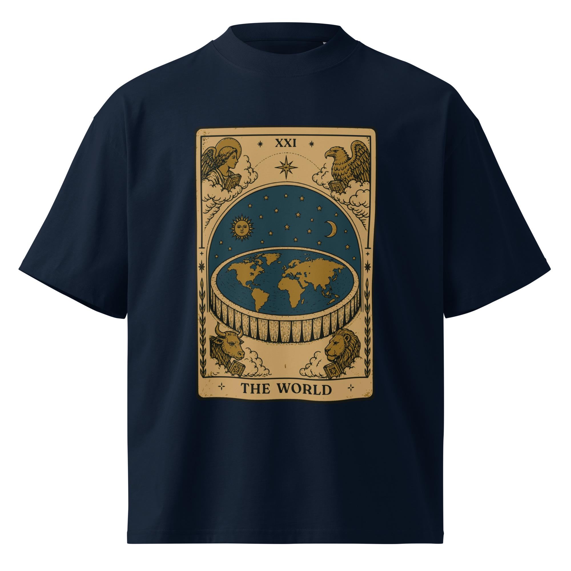 Flat earth tarot World card design on oversized organic cotton t-shirt showing Antarctic ice wall and firmament dome