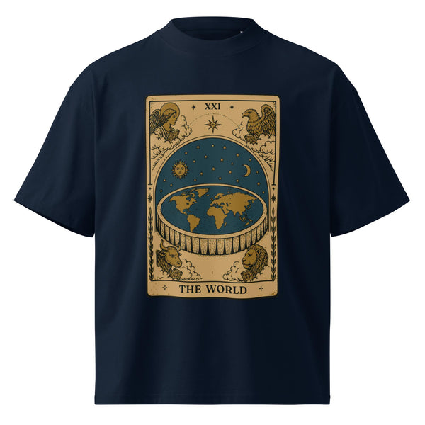 Flat earth tarot World card design on oversized organic cotton t-shirt showing Antarctic ice wall and firmament dome