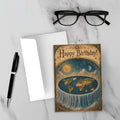 Vintage flat earth celestial map birthday card with concentric heavens and ice wall boundary in antique cartographic style