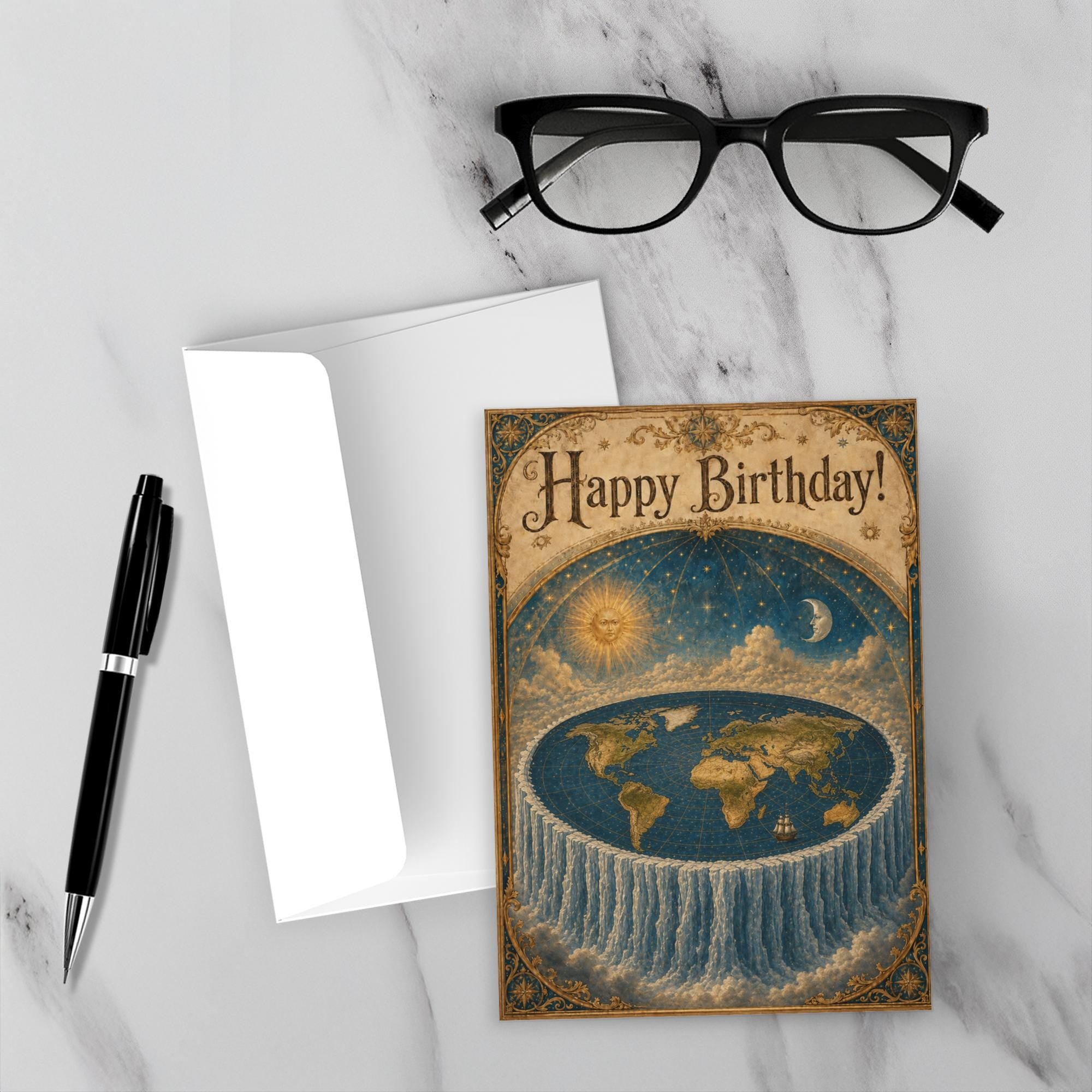 Vintage flat earth celestial map birthday card with concentric heavens and ice wall boundary in antique cartographic style