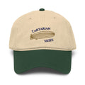 Embroidered baseball cap with gold Tartarian airship design, vintage-style minimalist hat, alternative history headwear