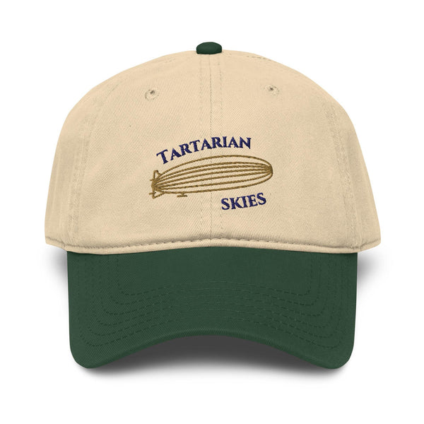 Embroidered baseball cap with gold Tartarian airship design, vintage-style minimalist hat, alternative history headwear