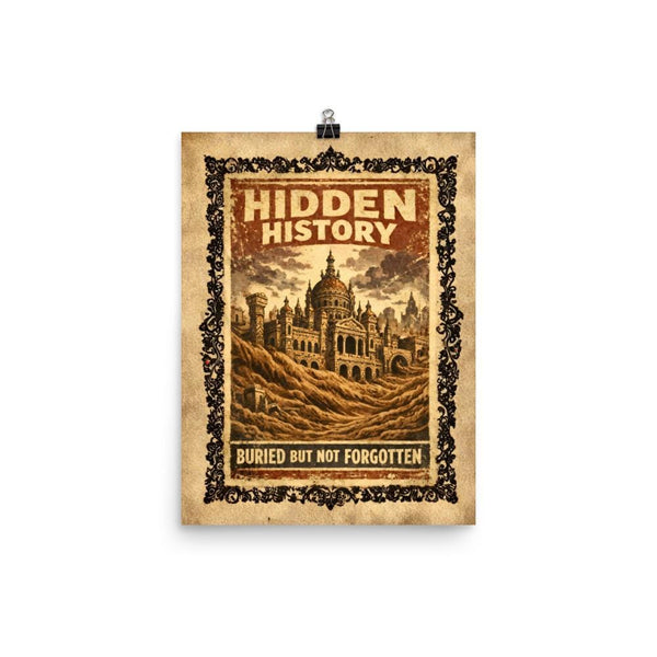 Tartarian architecture emerging from mud flood sediment layers, vintage sepia-toned archival illustration style poster print