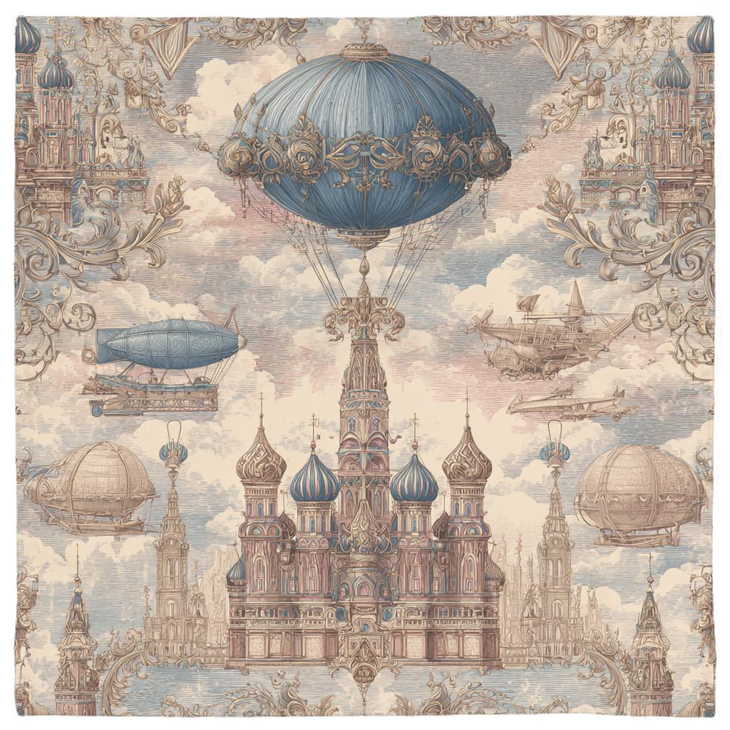Steampunk Tartarian palace with ornate domes and floating airships printed on vintage-style polyester bandana