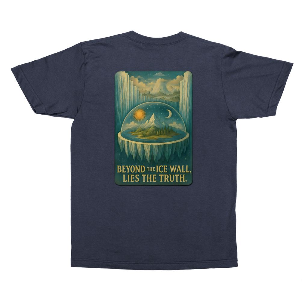 Vintage flat Earth dome map t-shirt showing ice wall boundary, celestial firmament, and suppressed cosmology design in olive green