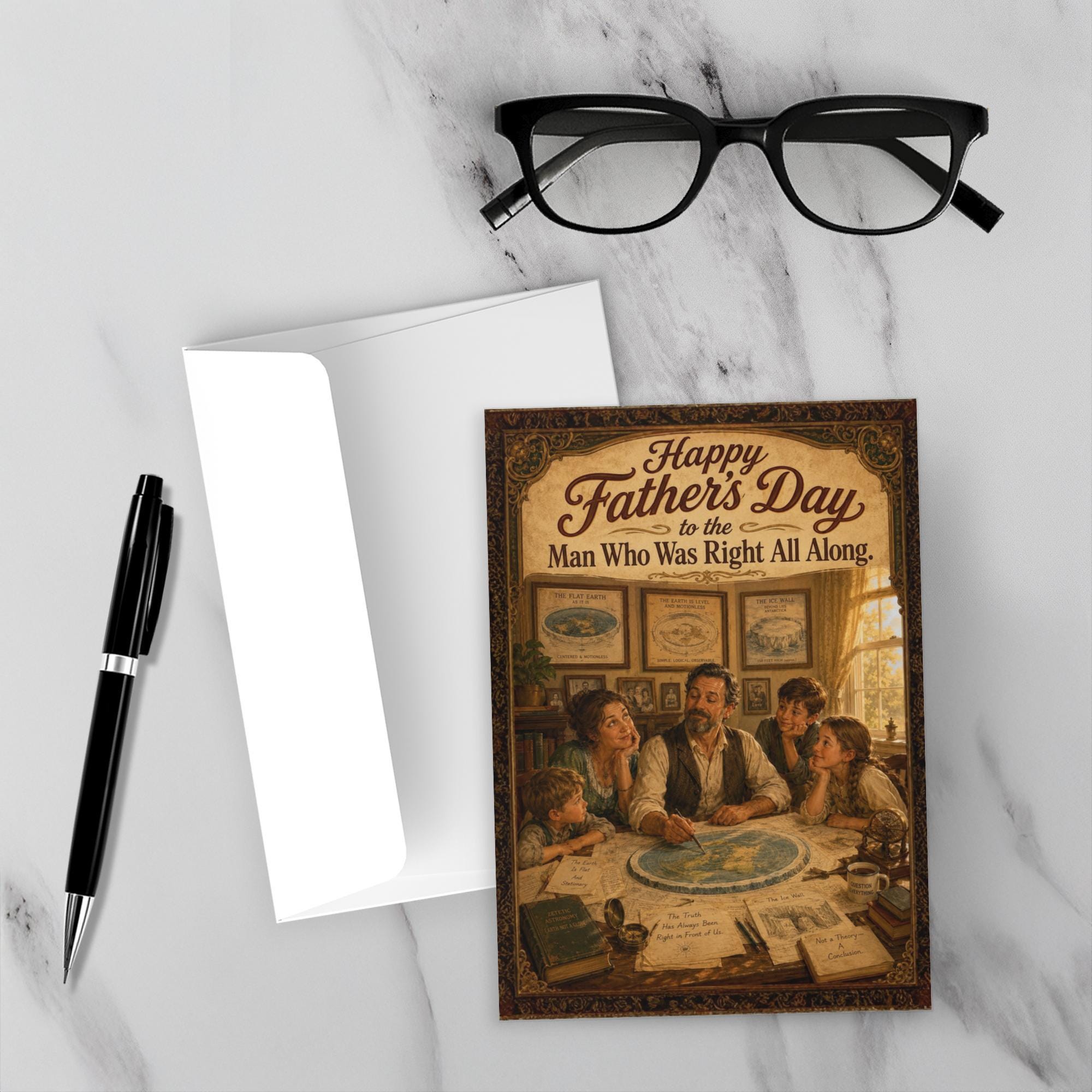 Vintage illustrated Father's Day card showing dad with flat earth maps at research table, family gathered around in golden light
