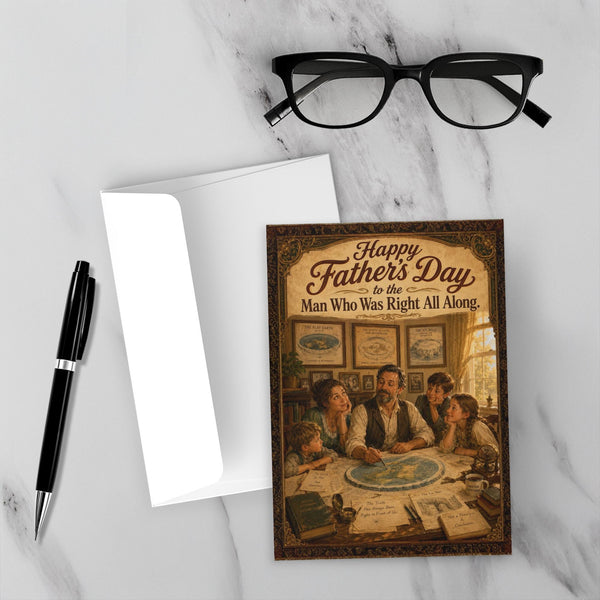 Vintage illustrated Father's Day card showing dad with flat earth maps at research table, family gathered around in golden light