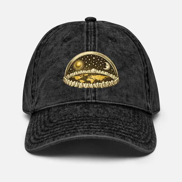 Flat earth firmament dome engraving on distressed vintage dad hat showing ice wall, sun and moon beneath crystalline vault