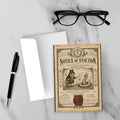 Victorian-style eviction notice greeting card with ornate border, wax seal, and frog bailiff serving papers to a worm