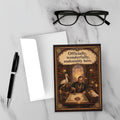 Vintage baby card showing ornate records office with archivist, stork, and celestial ledgers documenting new arrival