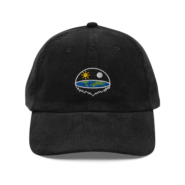 Vintage corduroy dad hat with embroidered flat earth dome cosmology symbol showing plane, firmament, sun and moon