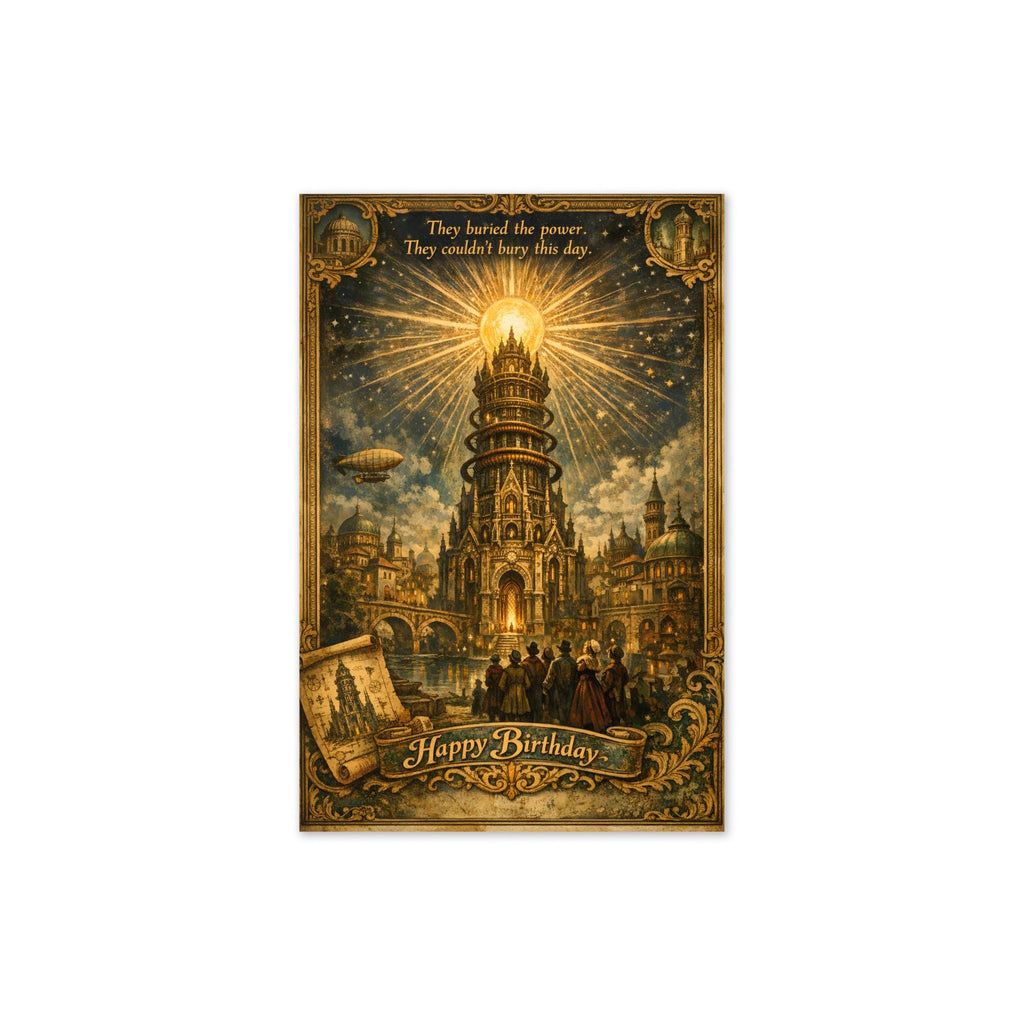 Vintage engraving of Tartarian free energy tower radiating light over baroque city with airship, birthday greeting card illustration