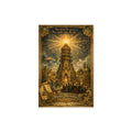 Vintage engraving of Tartarian free energy tower radiating light over baroque city with airship, birthday greeting card illustration