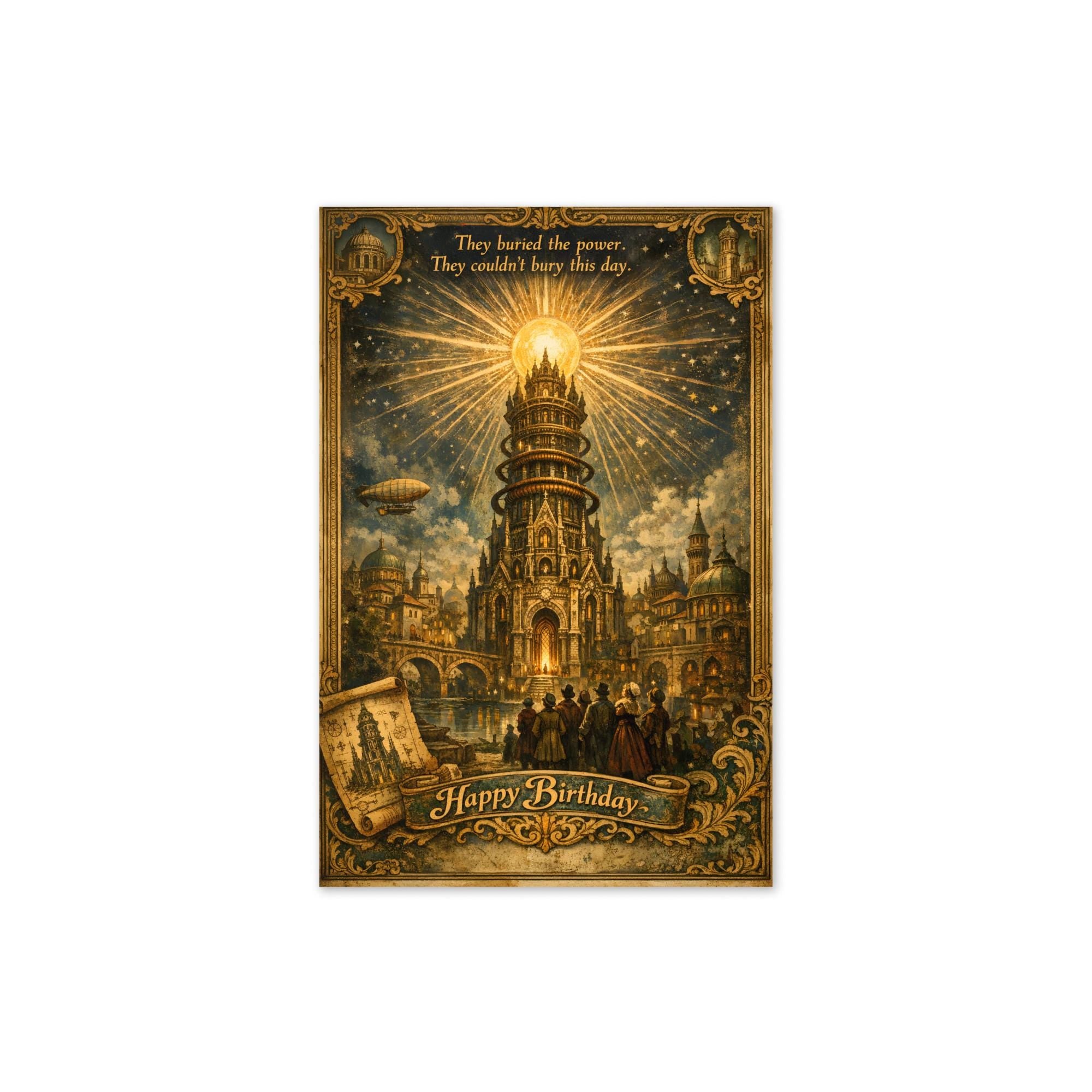 Vintage engraving of Tartarian free energy tower radiating light over baroque city with airship, birthday greeting card illustration