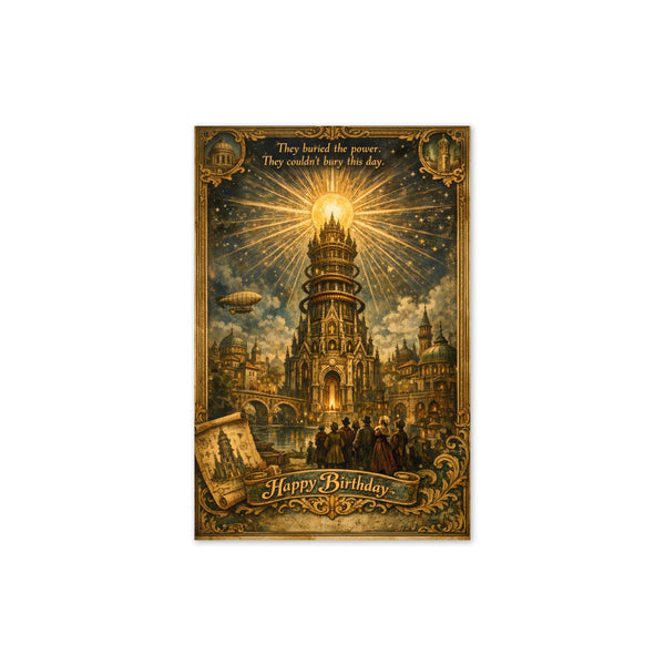 Vintage engraving of Tartarian free energy tower radiating light over baroque city with airship, birthday greeting card illustration