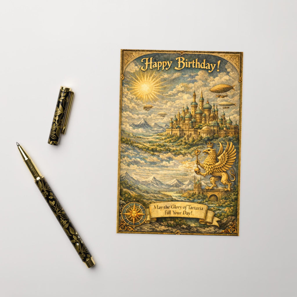 Tartaria birthday greeting card featuring golden domes, griffin, and airships from lost civilization vintage art design