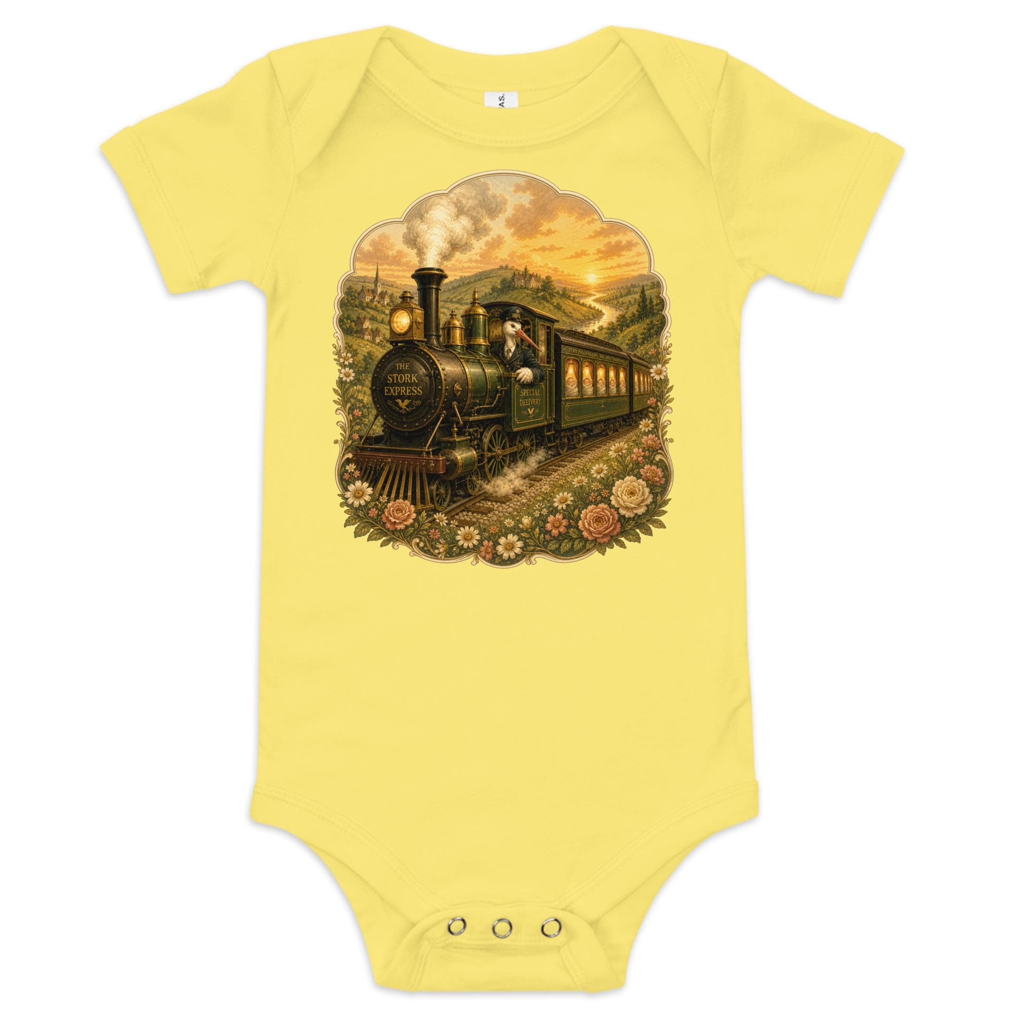 Right on Schedule Baby Bodysuit: The Arrival Train, Vintage Stork Express