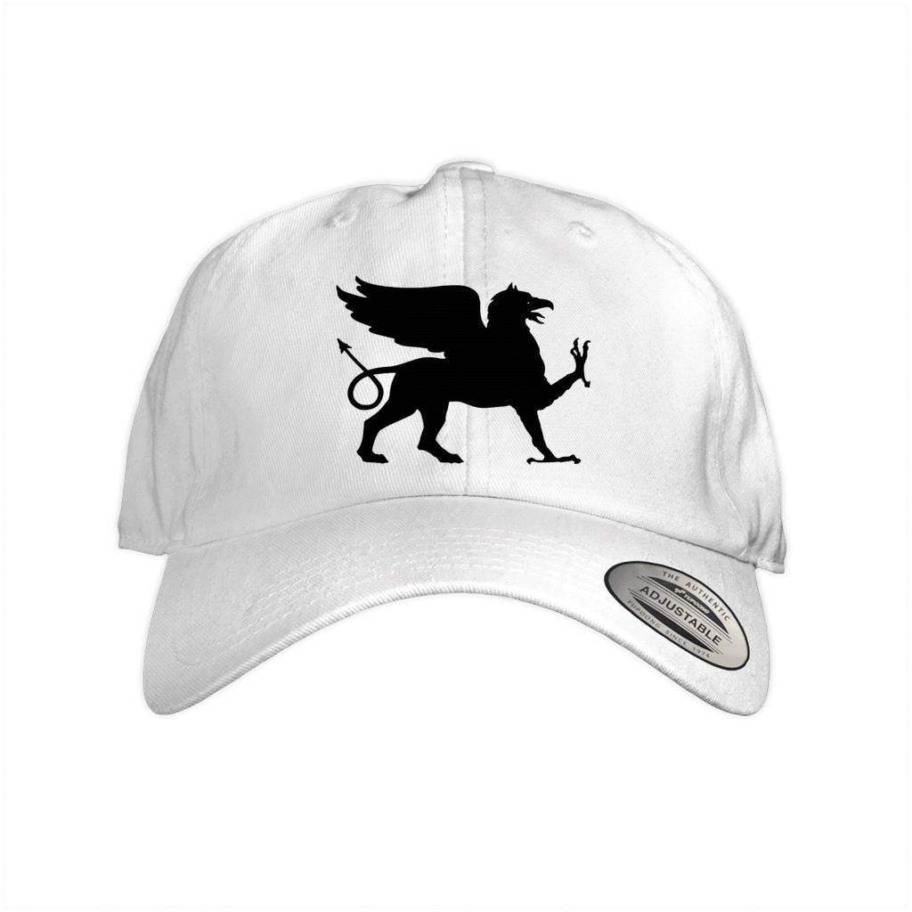 Black embroidered Tartarian griffin emblem on adjustable cotton dad hat, ancient empire heritage cap design