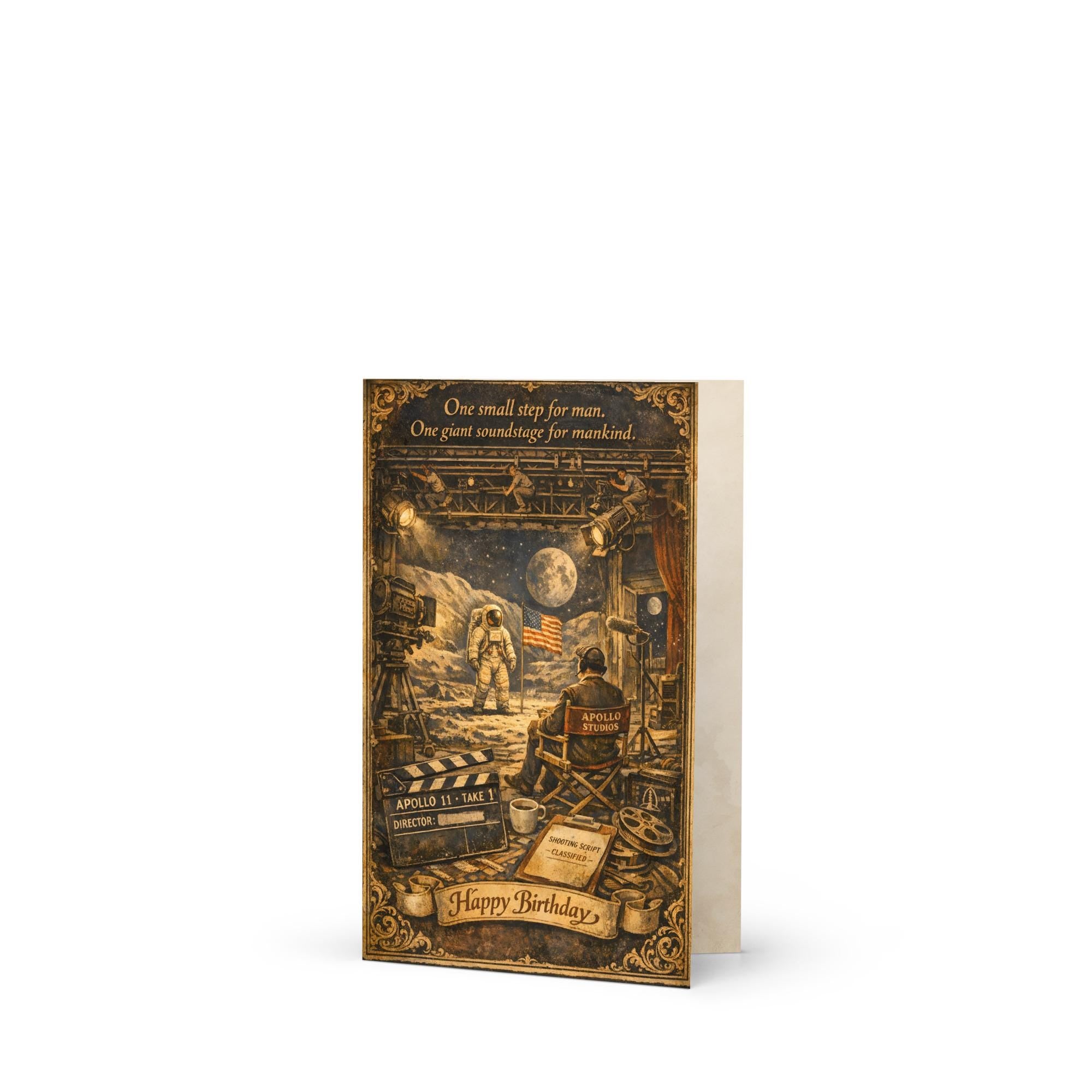 Moon Landing Hoax Birthday Card – Apollo Studios Conspiracy Vintage Illustrated