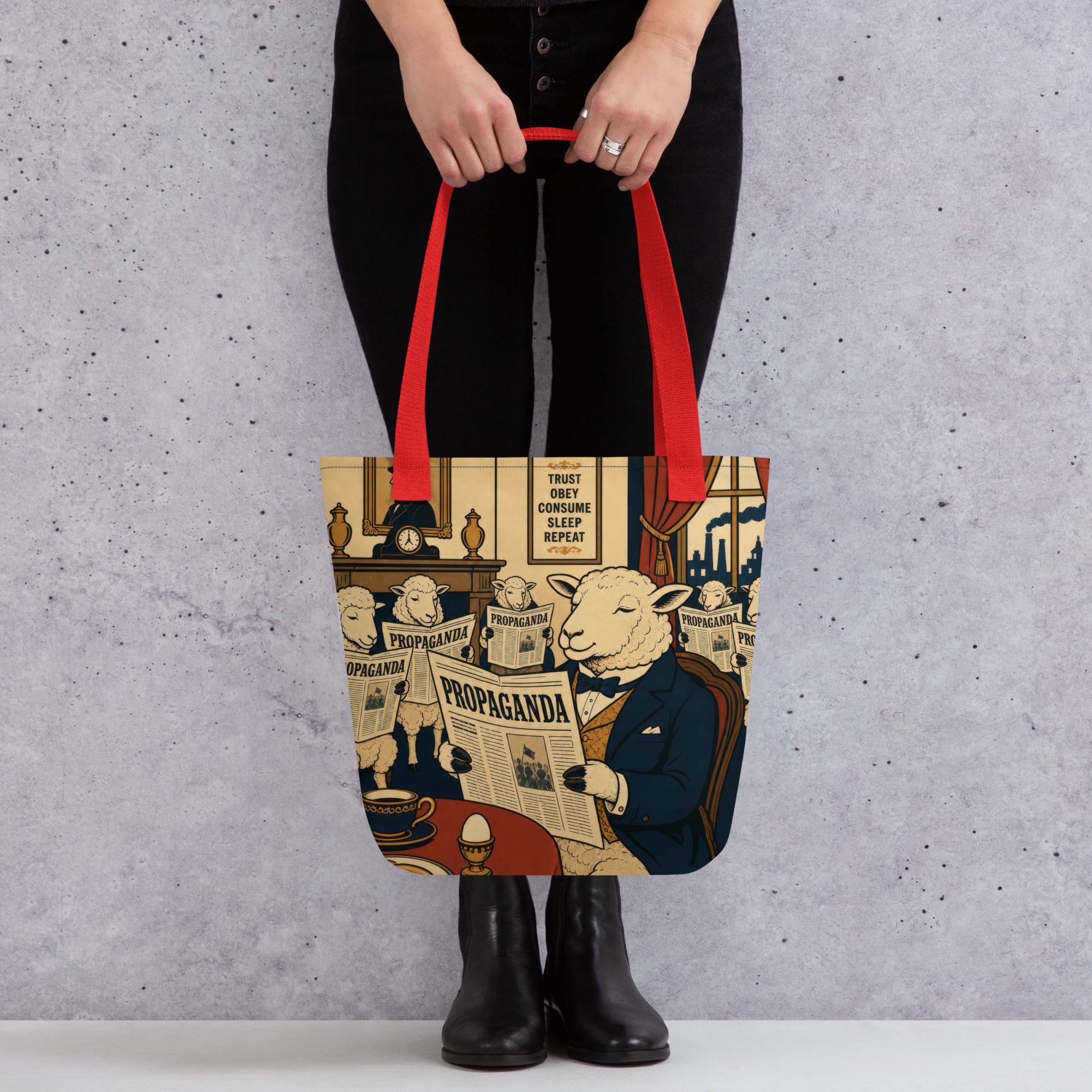 Vintage engraving style tote bag showing sheep in suit reading propaganda newspaper at gentleman's breakfast table