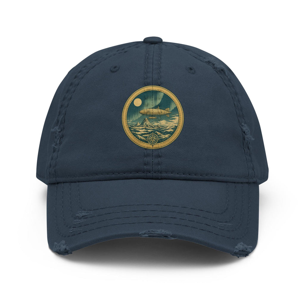 Distressed dad hat featuring vintage airship over Antarctic ice wall with aurora, flat earth explorer design on bio-washed cotton