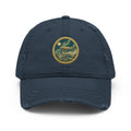 Distressed dad hat featuring vintage airship over Antarctic ice wall with aurora, flat earth explorer design on bio-washed cotton
