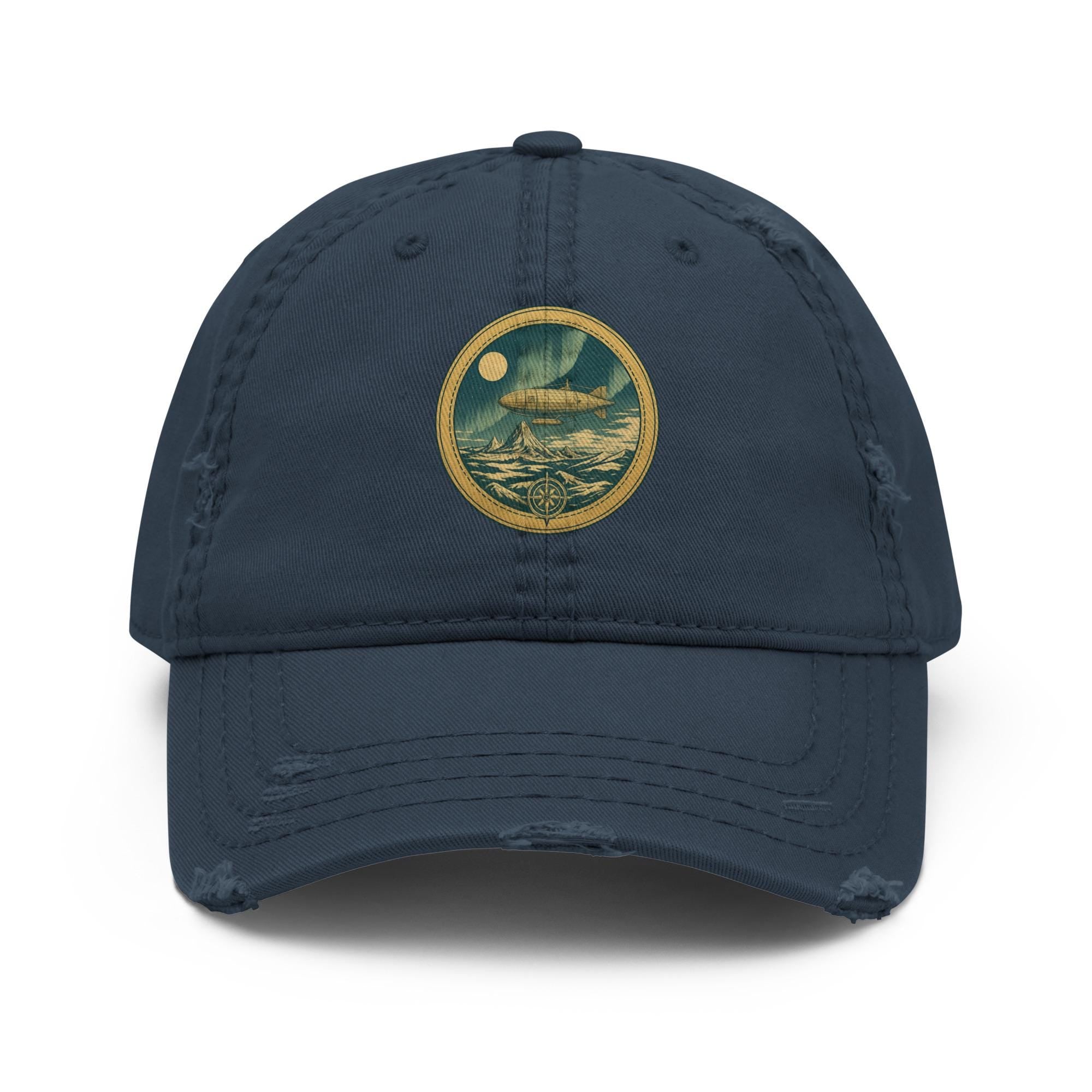 Distressed dad hat featuring vintage airship over Antarctic ice wall with aurora, flat earth explorer design on bio-washed cotton