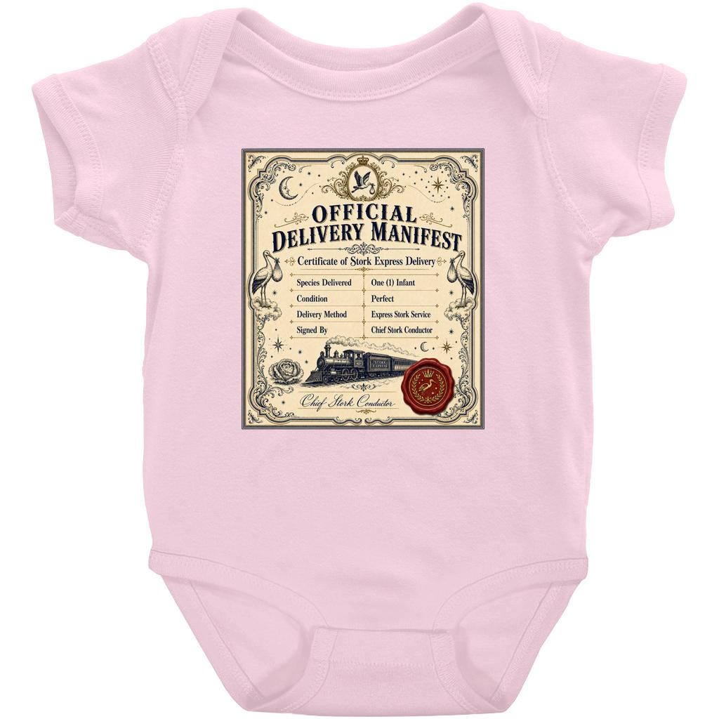 Officially Here Baby Bodysuit: The Delivery Manifest, Vintage Certificate Newborn Onesie