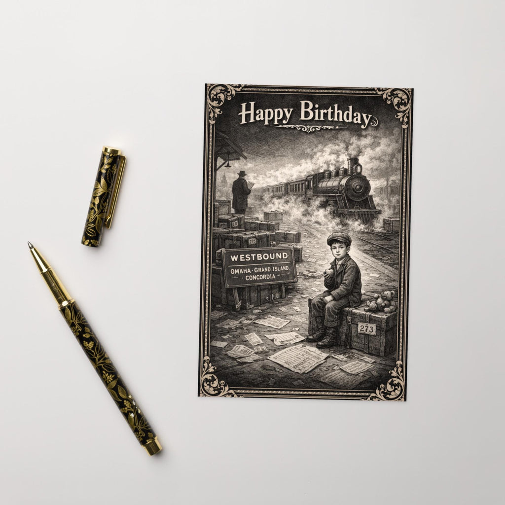 Orphan Train Survivor Conspiracy Birthday Card: Dark Humor Engraving