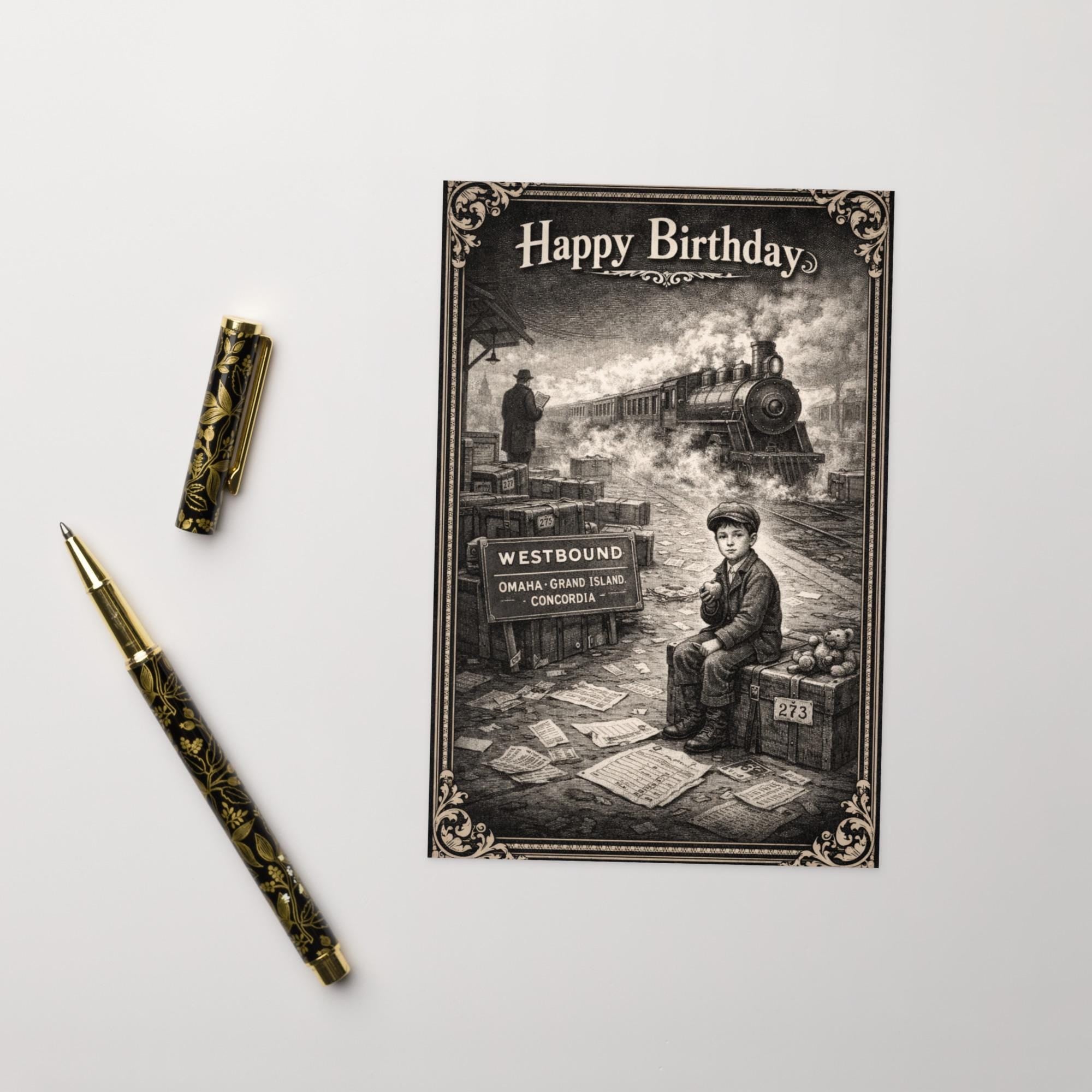 Orphan Train Survivor Conspiracy Birthday Card: Dark Humor Engraving