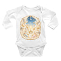 Vintage celestial illustration baby bodysuit showing storks carrying swaddled babies among stars and clouds in midnight blue and gold