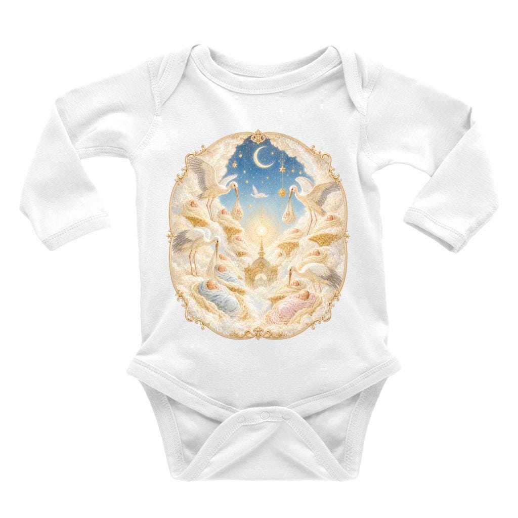 Vintage celestial illustration baby bodysuit showing storks carrying swaddled babies among stars and clouds in midnight blue and gold