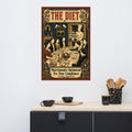 Victorian family dinner table propaganda poster showing synthetic food product, woodcut style industrial compliance artwork