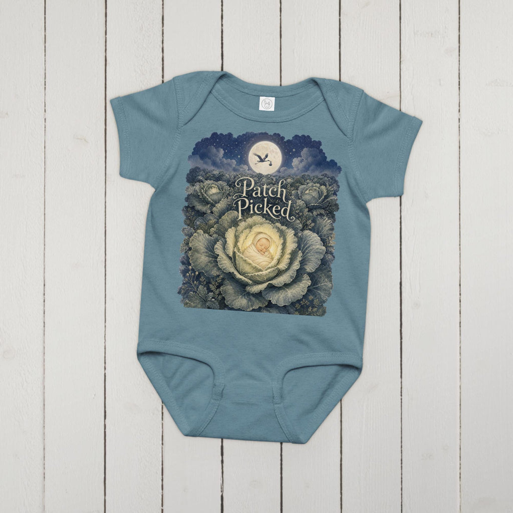 Vintage botanical baby bodysuit featuring moonlit cabbage field with swaddled infant and stork, orphan train alt-history design