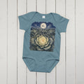 Vintage botanical baby bodysuit featuring moonlit cabbage field with swaddled infant and stork, orphan train alt-history design