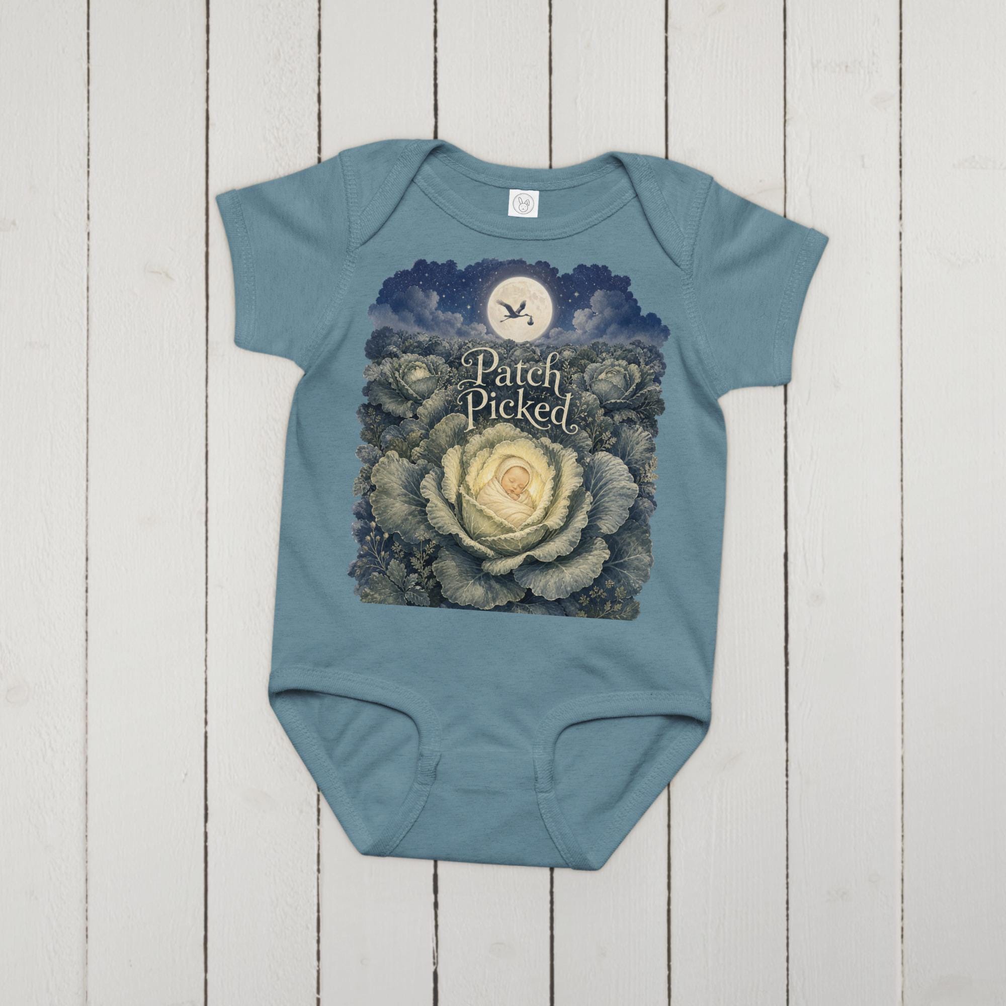 Vintage botanical baby bodysuit featuring moonlit cabbage field with swaddled infant and stork, orphan train alt-history design