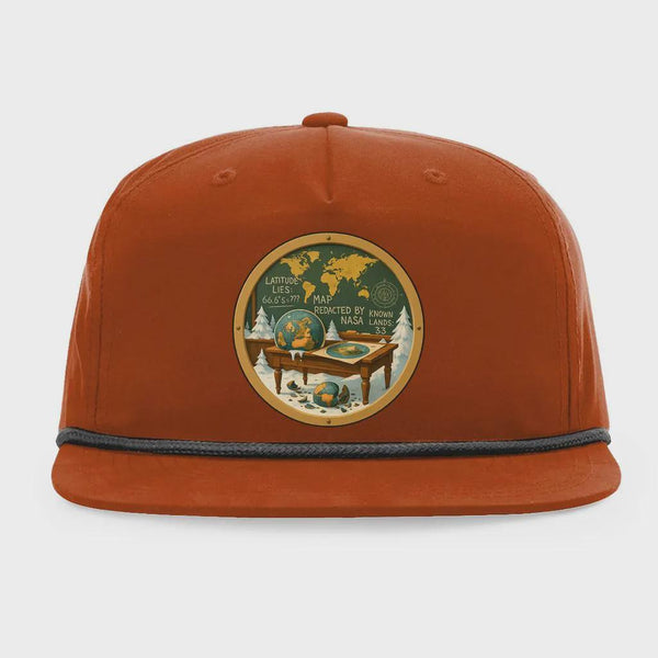 Flat Earth conspiracy snapback hat featuring shattered globe, Gleason map, and Antarctic ice wall chalkboard warnings embroidered patch