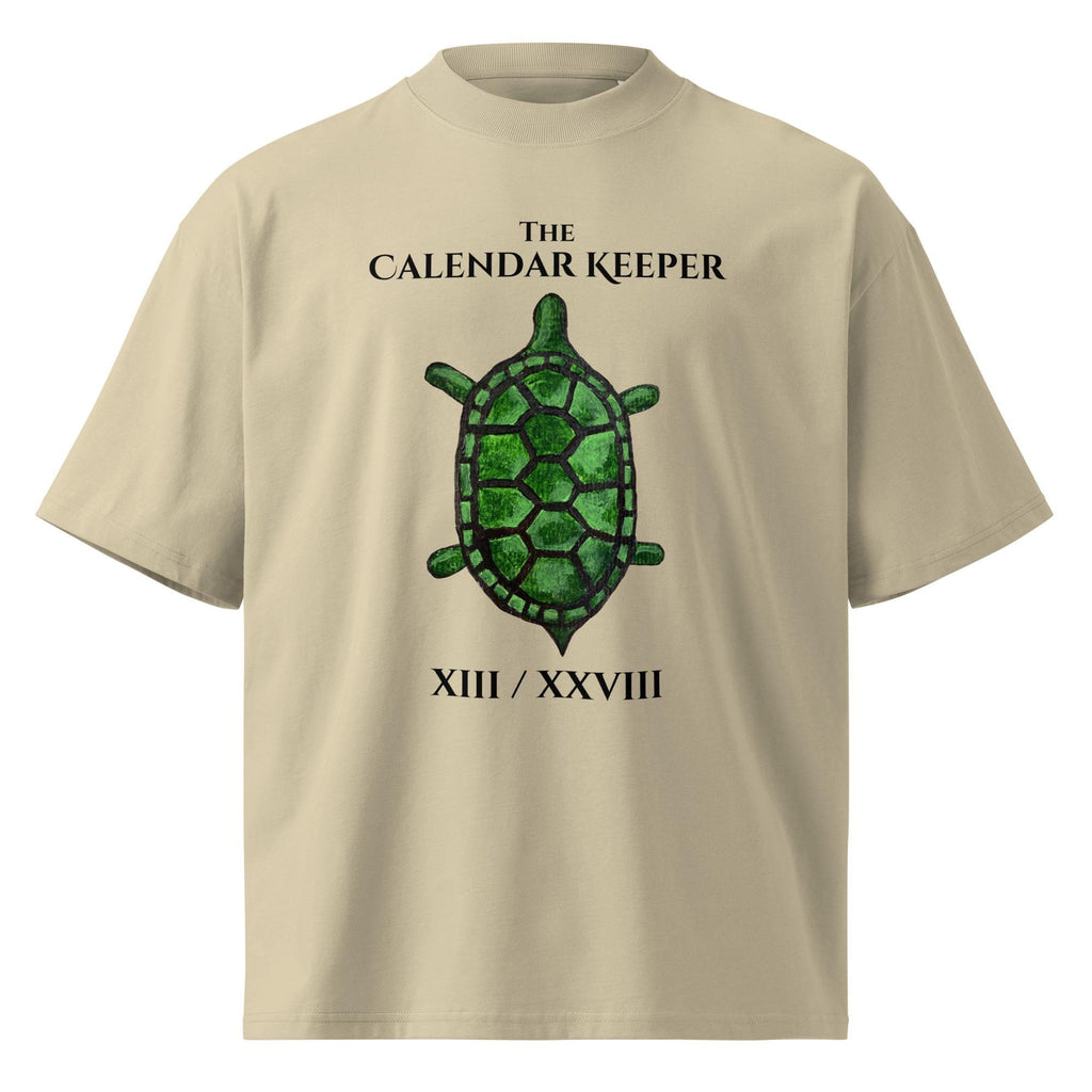 Turtle engraved with 13 lunar scutes and 28-day shell calendar on organic cotton oversized shirt