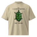 Turtle engraved with 13 lunar scutes and 28-day shell calendar on organic cotton oversized shirt