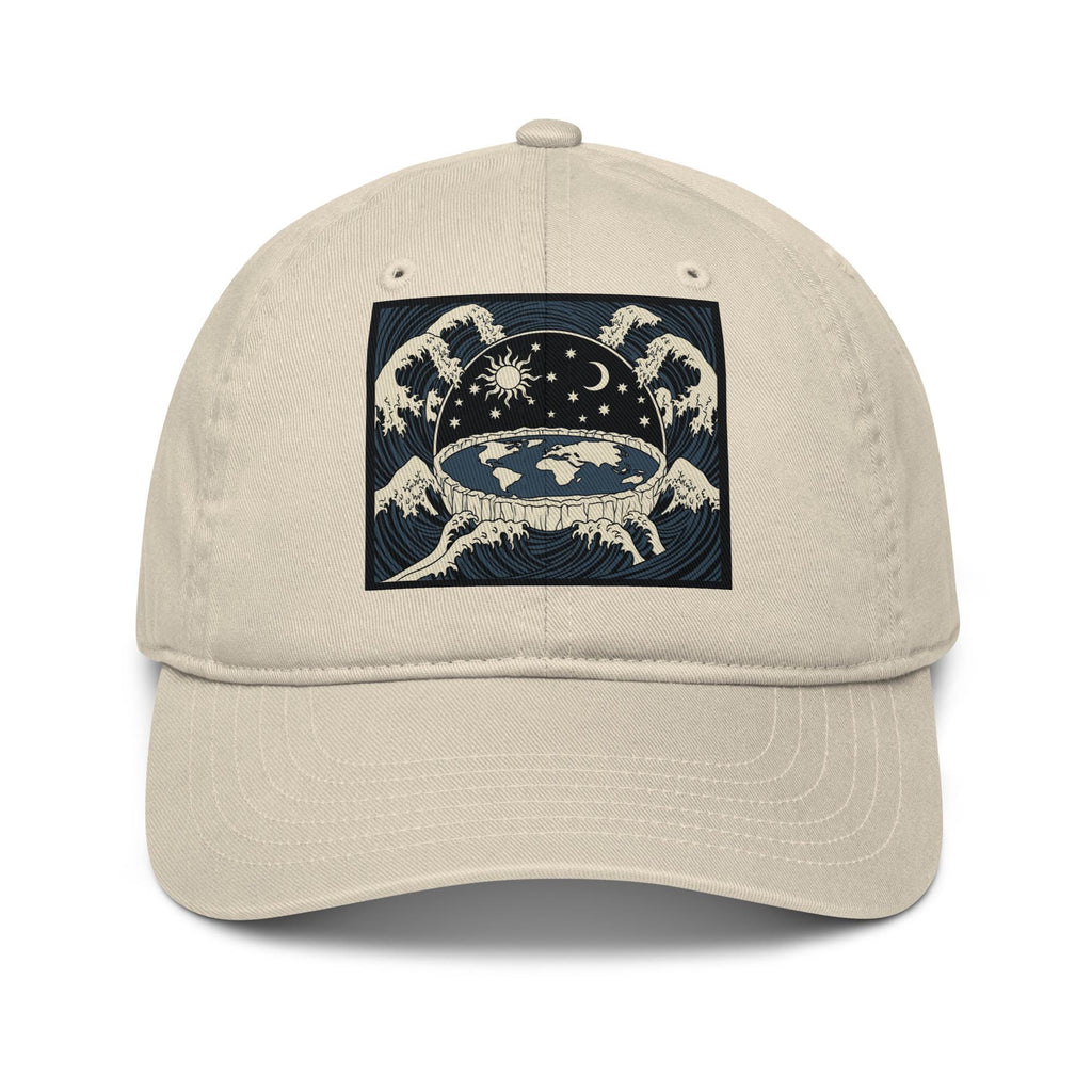 Flat earth dad hat with vintage celestial design showing waters above firmament dome, sun, moon, stars in esoteric cosmology graphic