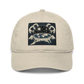 Flat earth dad hat with vintage celestial design showing waters above firmament dome, sun, moon, stars in esoteric cosmology graphic