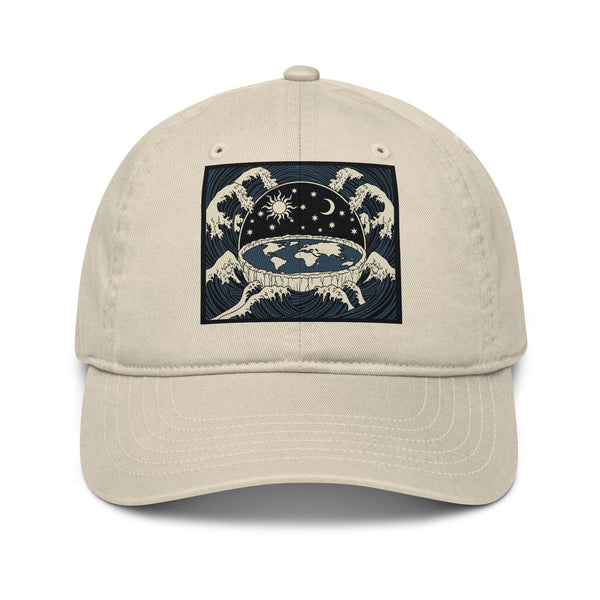 Flat earth dad hat with vintage celestial design showing waters above firmament dome, sun, moon, stars in esoteric cosmology graphic