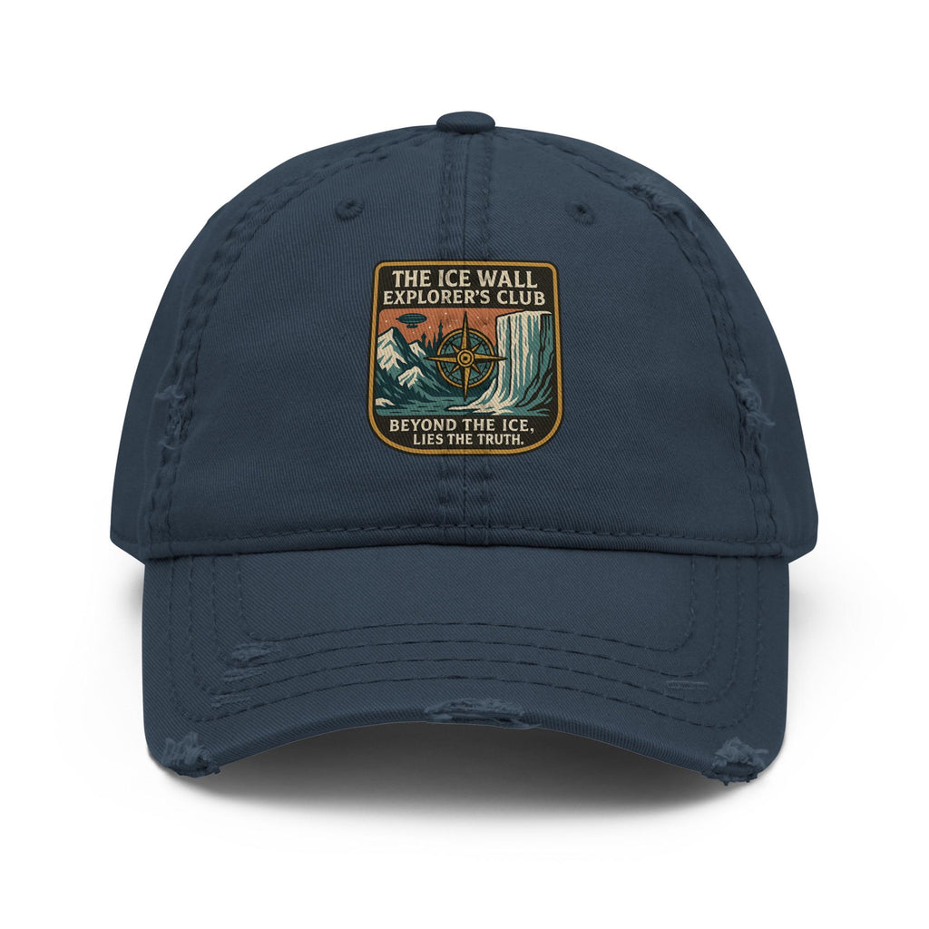 Distressed cotton dad hat with Ice Wall Explorer's Club embroidered patch featuring flat earth ice wall and Tartarian architecture