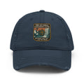 Distressed cotton dad hat with Ice Wall Explorer's Club embroidered patch featuring flat earth ice wall and Tartarian architecture