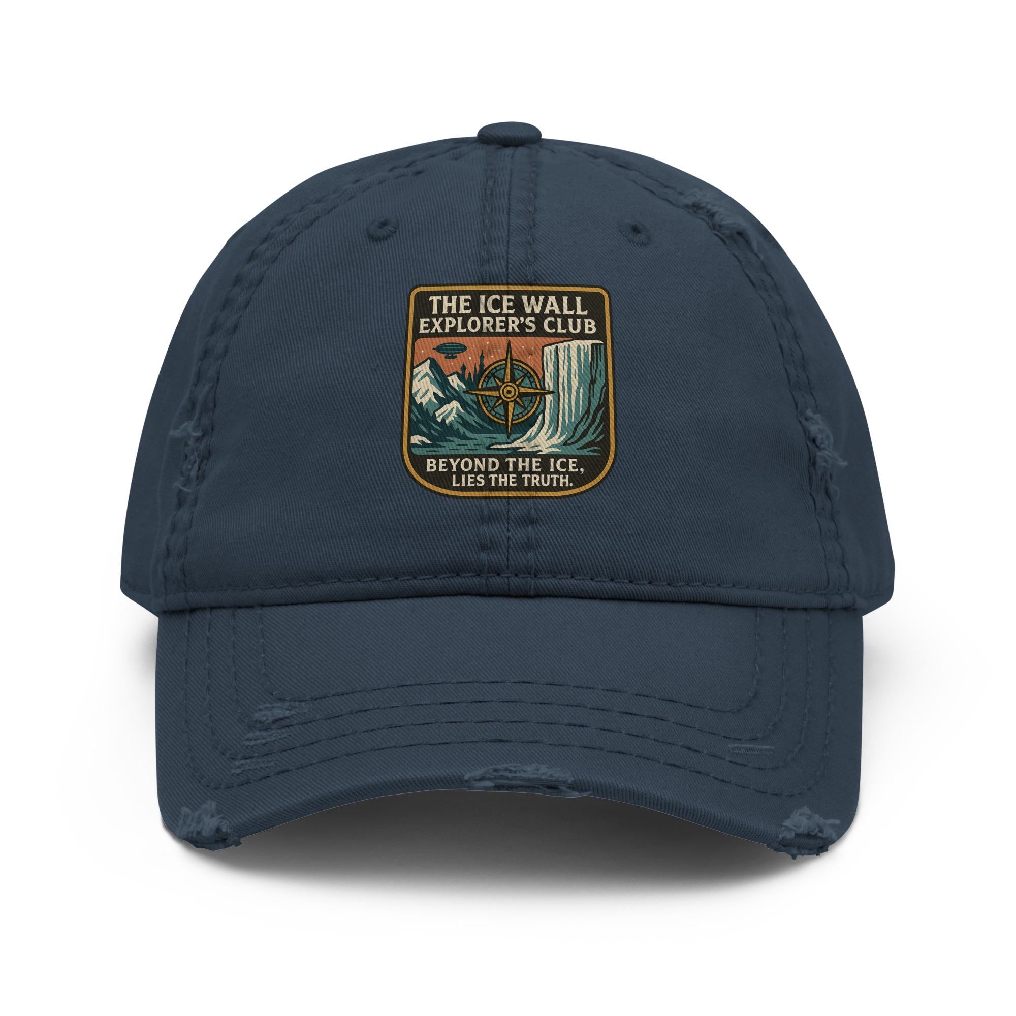 Distressed cotton dad hat with Ice Wall Explorer's Club embroidered patch featuring flat earth ice wall and Tartarian architecture