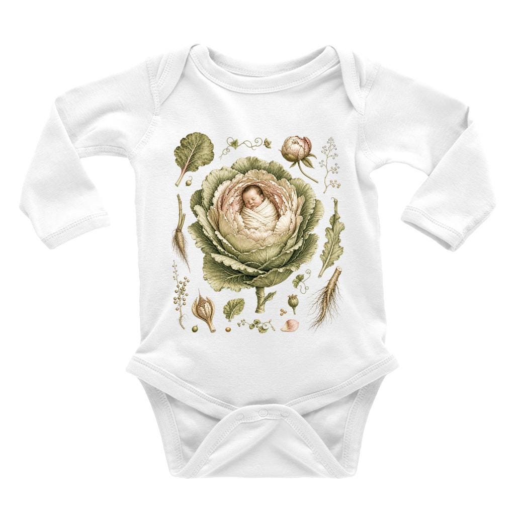 Vintage botanical illustration baby bodysuit showing infant swaddled in cabbage leaves, naturalist art style foundling motif