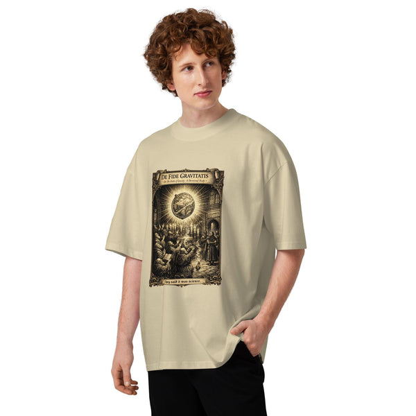 Vintage engraving showing scholars kneeling before globe earth in worship, flat earth gravity parody design on organic tee